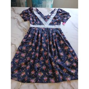 Vintage Style 4Everyoung Floral Print White Lace Blue Dress Women's Size Medium